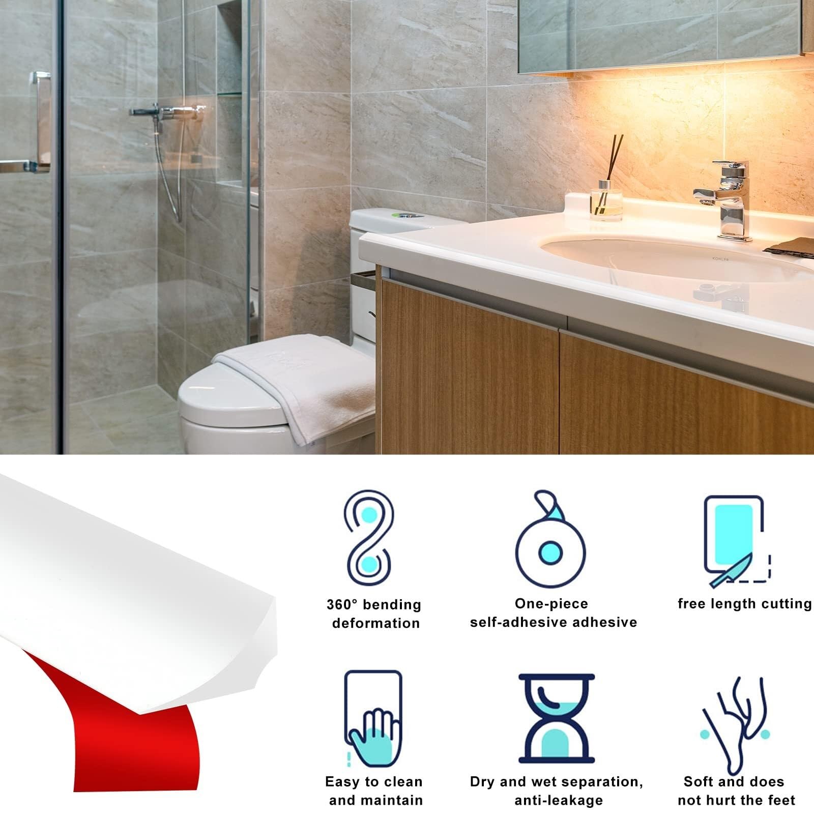2M Silikon-Duschwannen-Dichtungsstreifen, Duschwasserbarriere, Badezimmer-Wasserstreifen, Duschwannen-Dichtungsstreifen, Wasserbarriere for Nassräume, Wasserbarrierenstreifen, for Küchen-WC-Boden