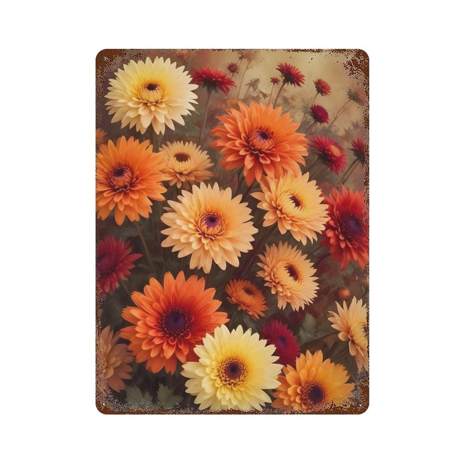 Rusty Metal Tin Sign with Autumnal Flower Field Design 15.7"x11.8", for Farmhouse, Kitchen And Entryway Decor, Classic Wall Plaque