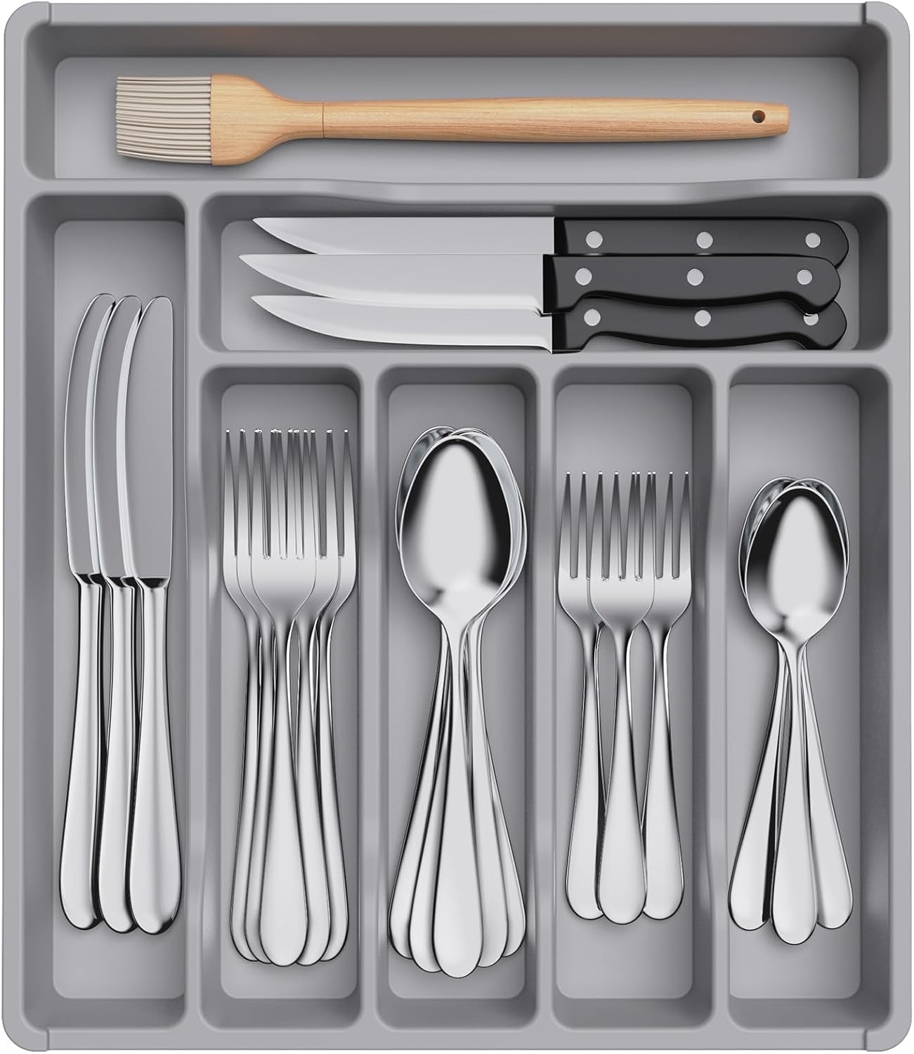 Lifewit Silverware Drawer Organizer Tray, Plastic Cutlery Storage for Kitchen Drawer, Flatware and Utensil Holder Divider for Spoons Forks Knives Tableware, 7 Compartment, Gray 12.3*14.2*1.8 inch (7 Slots) Gray