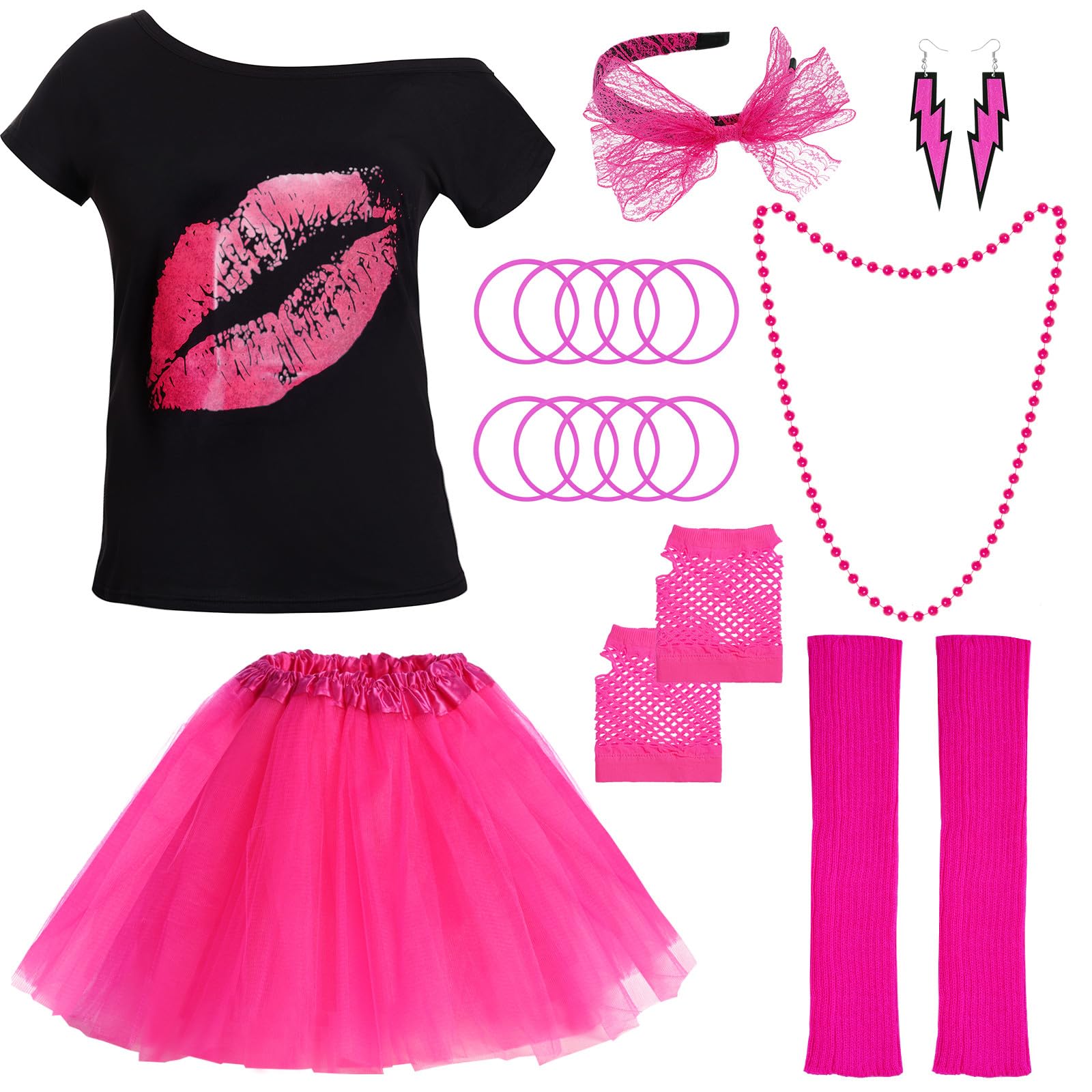 80s Women's Costume Accessory Set T-Shirt Tutu Headband Earrings Mesh Gloves Leg Warmers Necklaces Beads Bracelet Mesh Gloves for Women 80s Party, rose red, XXL