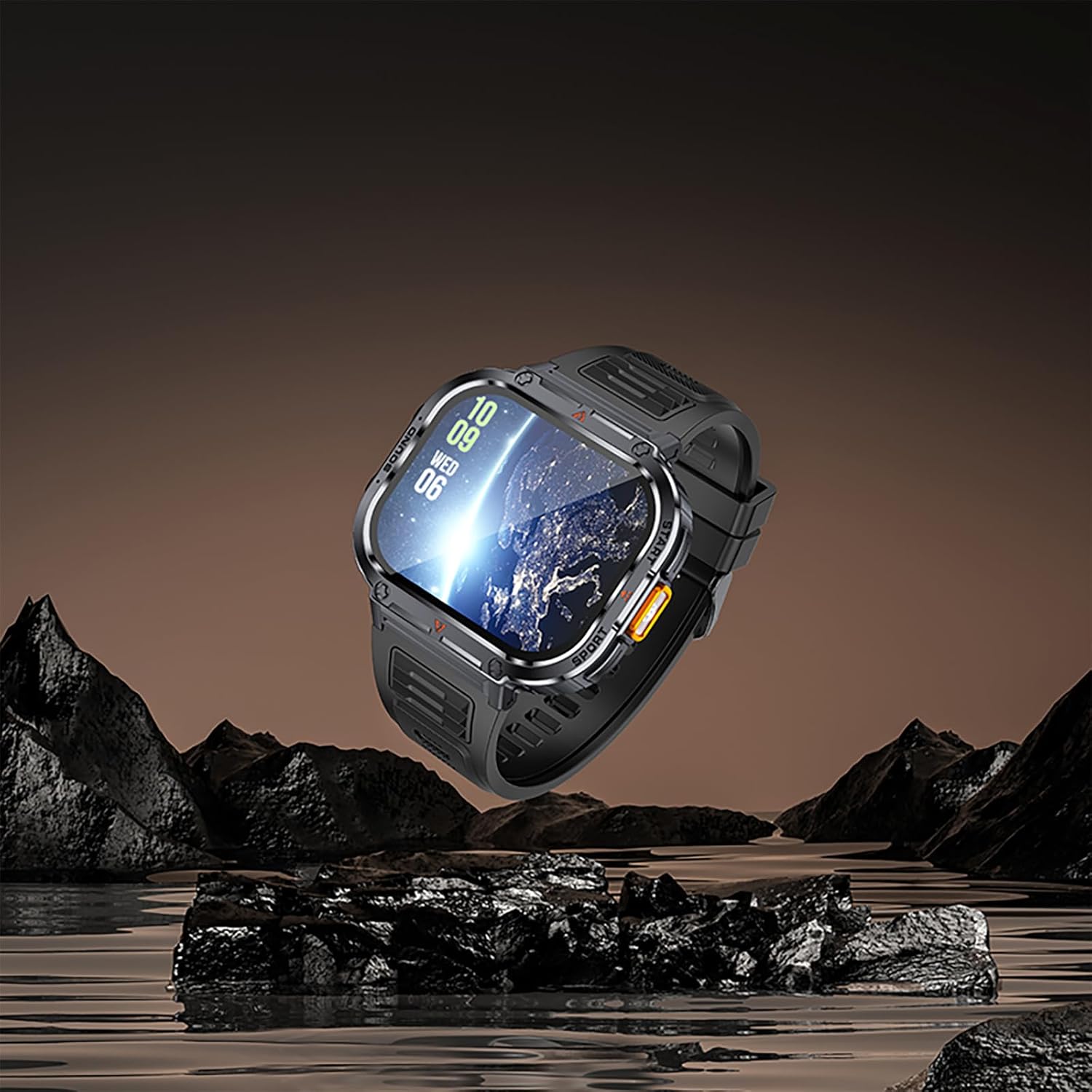 Smartwatch being splashed with water, illustrating its IP68 waterproof technology and ability to handle various scenarios.