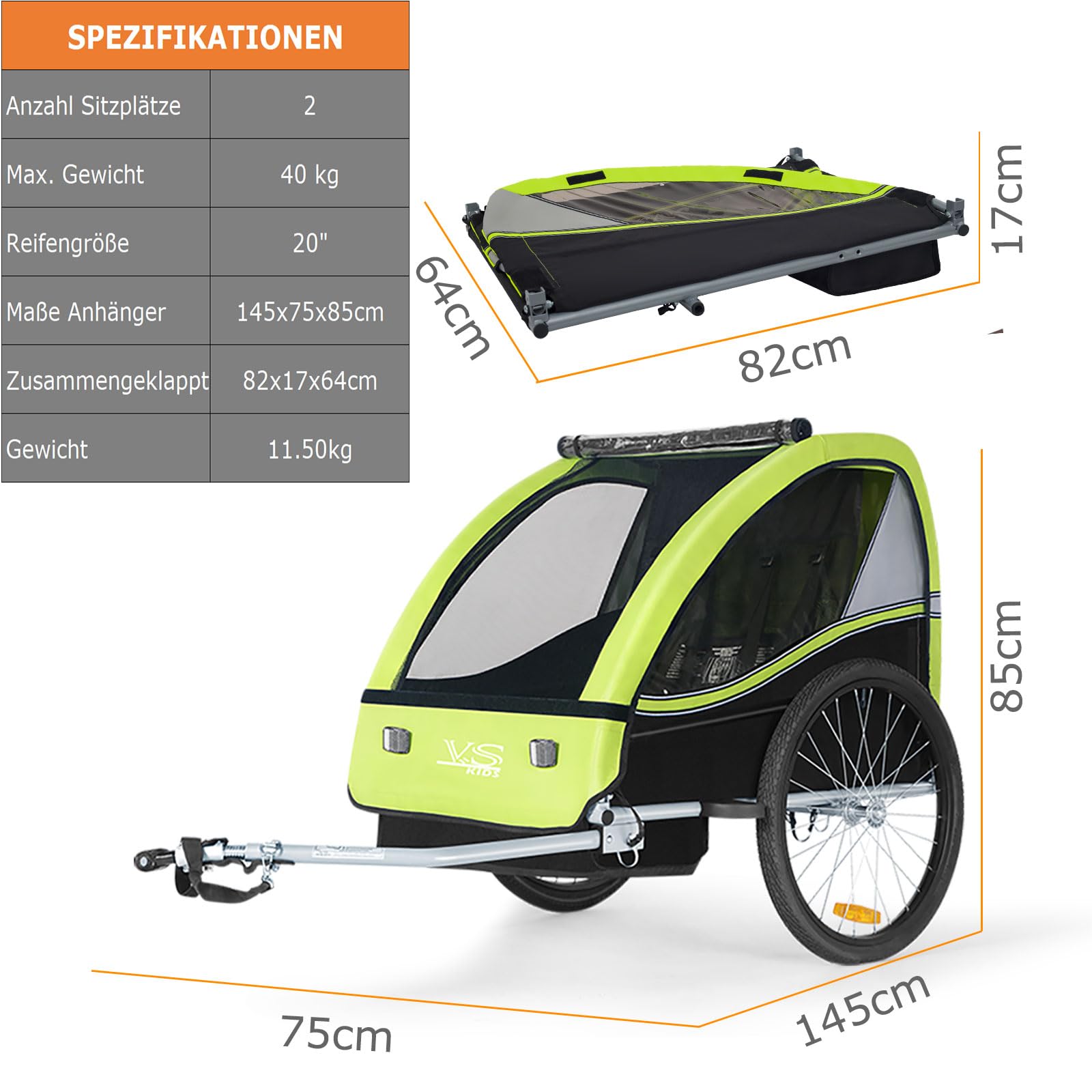 Tiggo VS 50201 Remorque pour Enfants Biplace Tout-Terrain