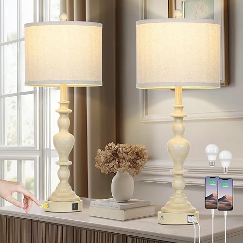 Juego de 2 lámparas de mesa de granja de 27 pulgadas, lámparas de noche vintage con puertos de carga USB A+C, control táctil regulable de 3 vías,