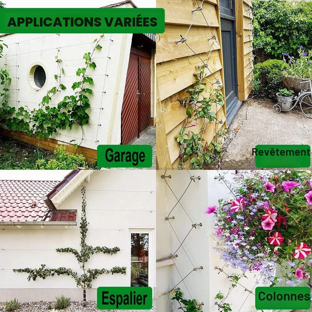 NEWFUN Support pour Plantes Grimpantes，Cable Plante Grimpante Exterieur，Kit Complet en Acier Inoxydable avec Supports Muraux Et Corde De 3 MM, Corde De 24 M，pour Jardin/Mur Béton/Clôture Câble