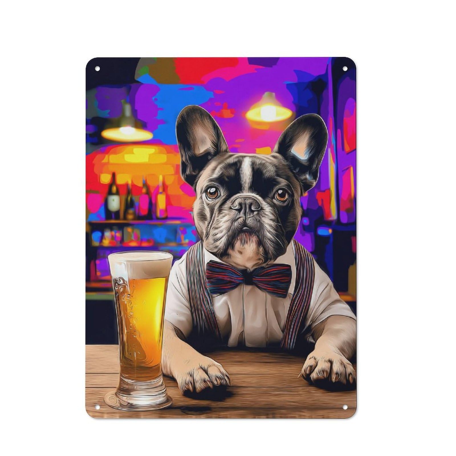 Retro French Bulldog in Bar with Beer Metal Sign 40x30cm, Classic Pub Decor for Cafe, Pub, Workshop Or Home Bar, for Casual British Interiors