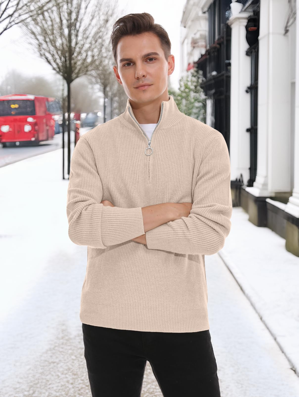 Hisir Pull Homme en Tricoté 1/4 Zip Pullover Sweater, Pull d'hiver Doux et Confortable pour Homme Pulls pour Homme avec Col Montant et Fermeture à Glissière