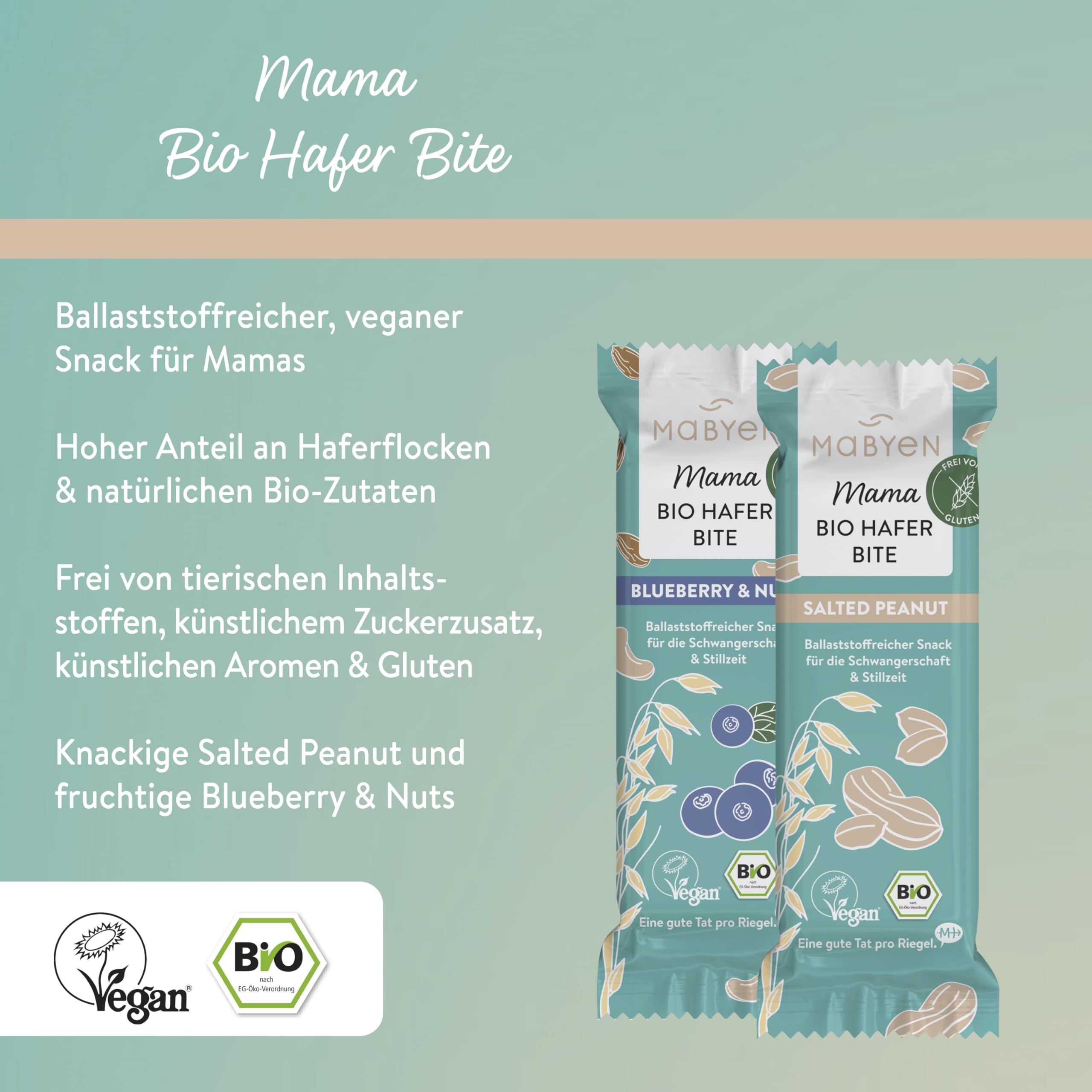 MABYEN Mama Bio Hafer Bites – Vegane Riegel ohne Zuckerzusatz, Glutenfreie Süßigkeiten mit Datteln & Nüssen, Zwei Sorten (Salted Peanut & Blueberry Nuts), für Bewusste Pausen, 20 Stück