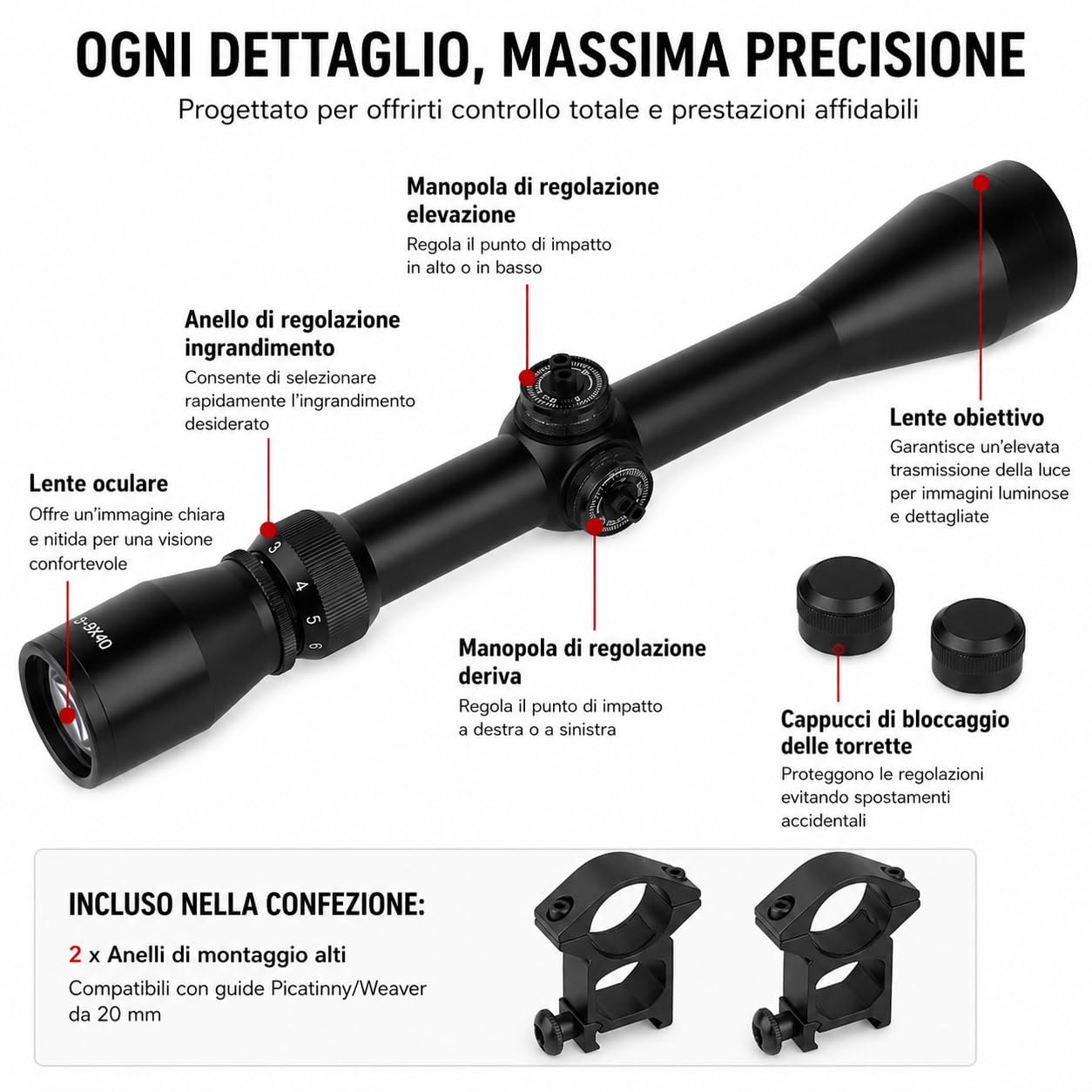 Mirino Ottico 3-9x40 20mm per Carabina Aria Compressa Zoom Variabile Antiappannamento Antiriflesso Impermeabile
