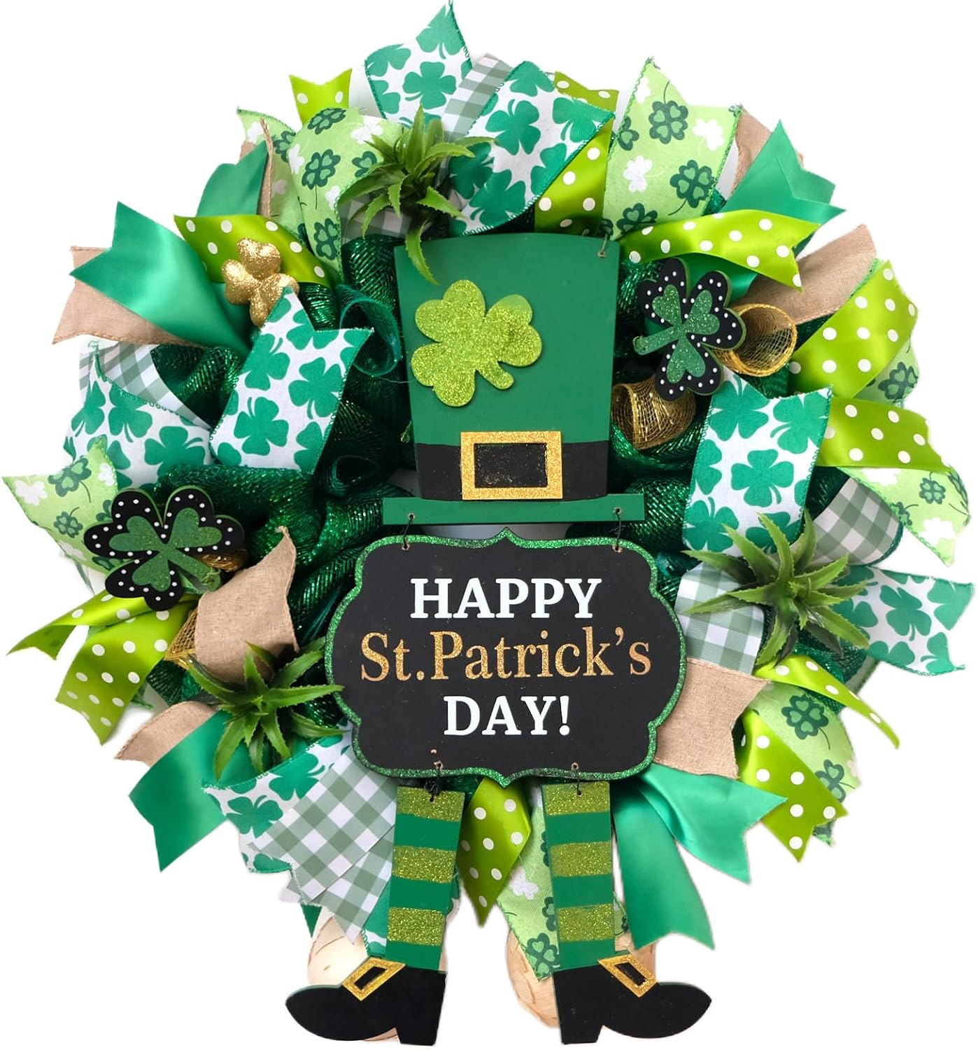 22 Inch St Patrick's Day Wreath for Front Door Green Mesh Wreath with Shamrock Leprechaun, Irish St Patricks Day for Indoor Outdoor Decorations Wall Home Decor(Leprechaun)