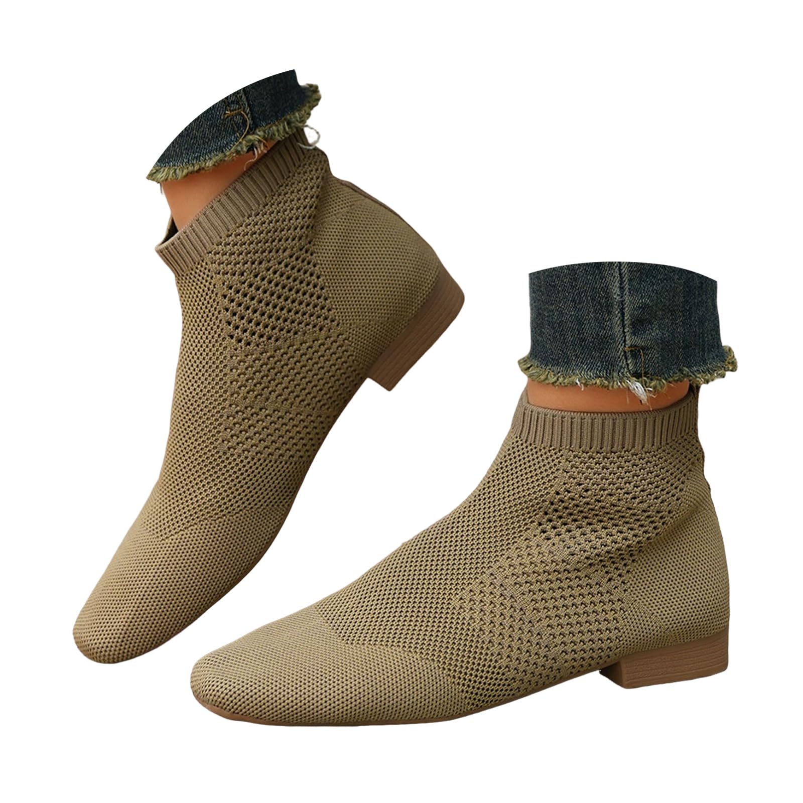 ZSpzx Women Knit Ankle Boots Chunky Block Low Heel Square Toe Stretchy Flying Woven Casual Short Booties Solid