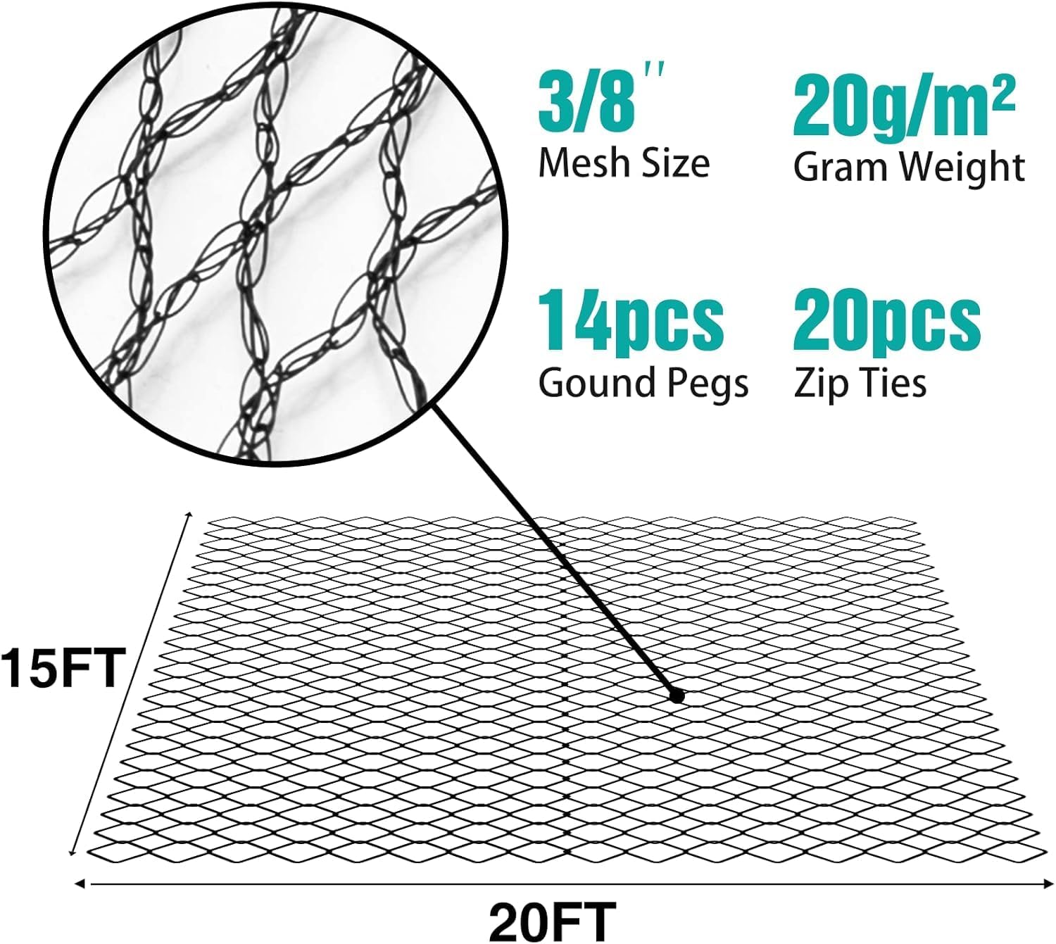 Pond Netting for Koi Ponds, 15 x 20 Pond Netting Cover for Leaves, Durable Koi Pond Net to Catch Leaves & Debris, Drive Herons, Raccoons, Cats & Predators Away, 14 Stakes Included (3/8” Mesh)