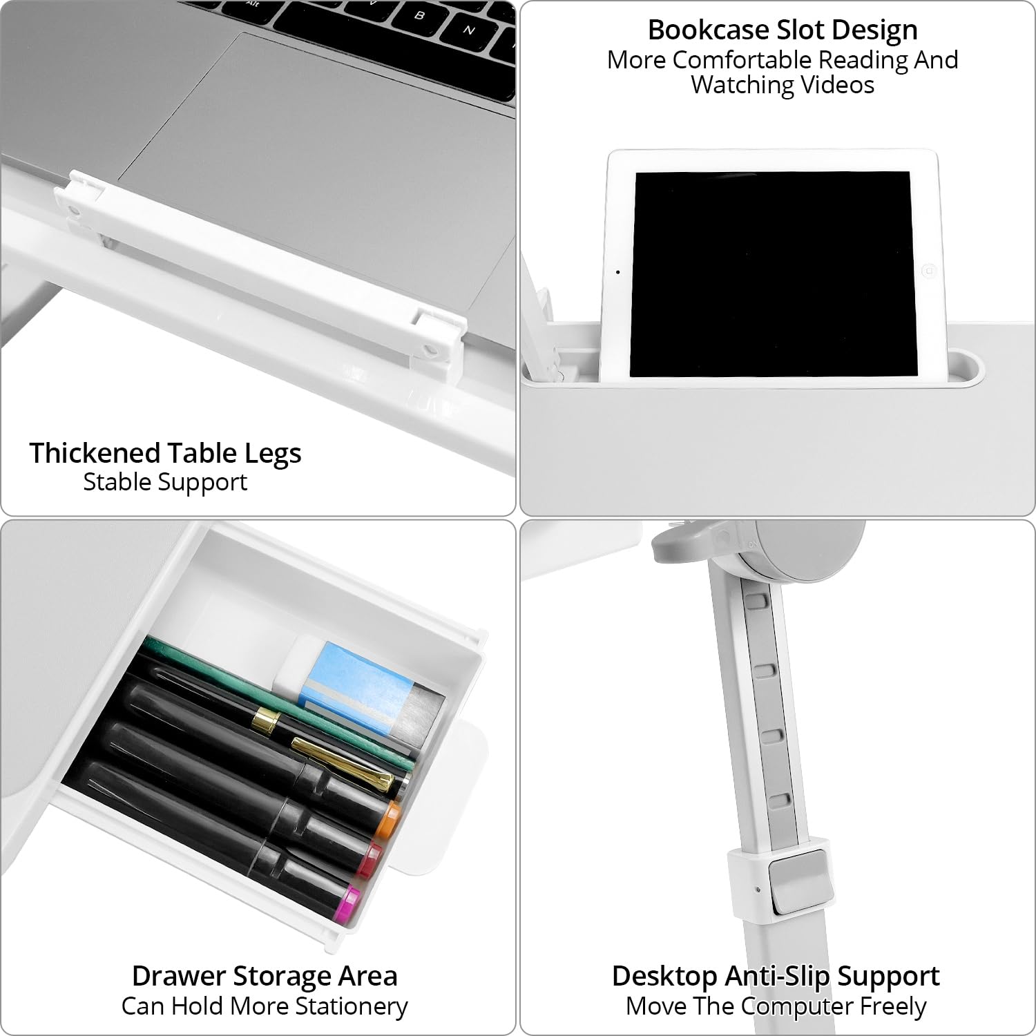 QWORK Table de lit pour Ordinateur Portable Pliable avec Tiroir et Lampe LED, Angle réglable en Hauteur, 60 x 40 cm