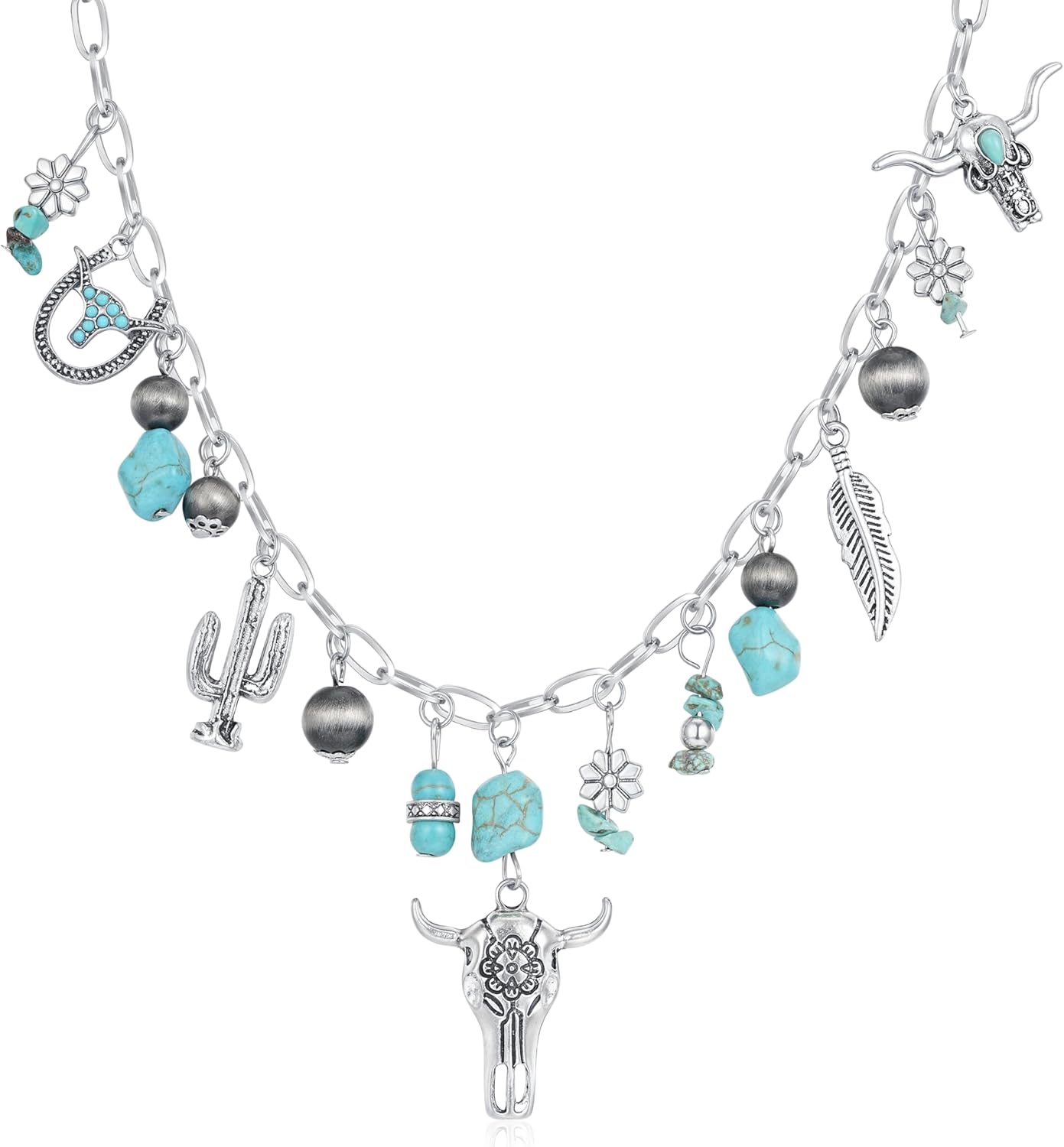 Western Turquoise Necklace for Women, Boho Turquoise Bull Head Cowboy Chic Charm Necklace, Adjustable Chain Country Concert Accessories Cowgirl Jewelry for Women - Image 3