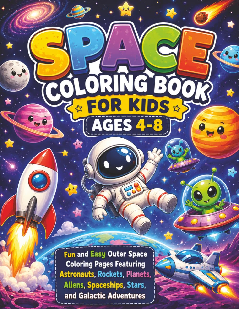 Space Coloring Book For Kids Ages 4-8: Fun and Easy Outer Space Coloring Pages Featuring Astronauts, Rockets, Planets, Aliens, Spaceships, Stars, and Galactic Adventures for Boys and Girls