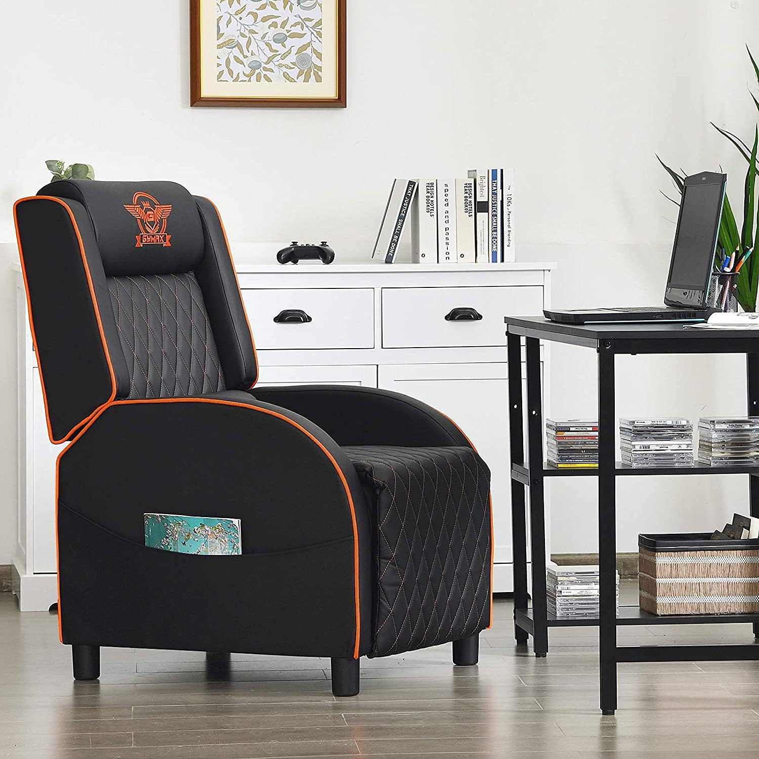 Massage Gaming Recliner Chair, PU Ergonomic Single Sofa w/Headrest, Lumbar Support, Racing Style Reclining Home Theater Seating for Living Bedroom Gaming Room (Orange)