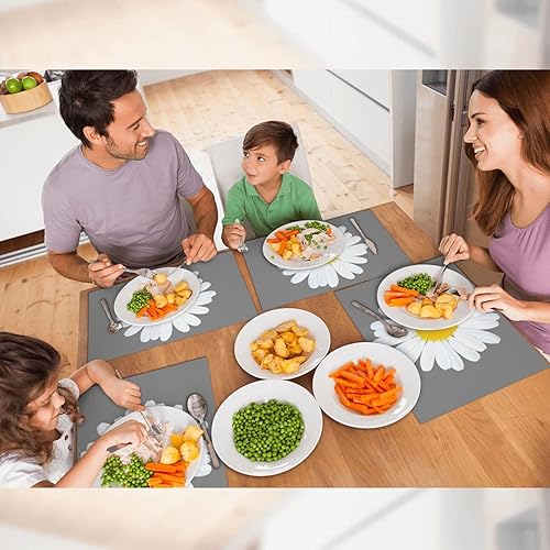 Miniatura 5 de Juego de 4 manteles individuales de color gris margarita para mesa de comedor, de PVC, lavables, lavables