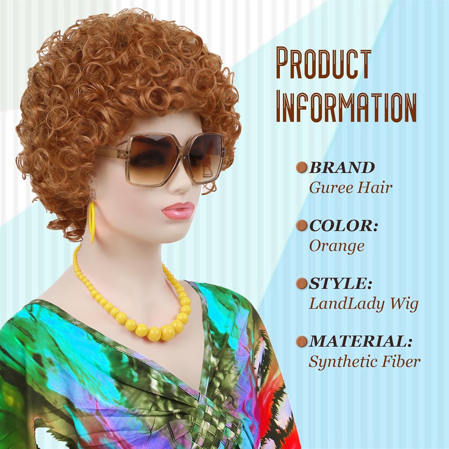 5Pcs Reddish Orange Curly Wig + Glasses +Yellow Jewelry Sets+Wig Cap for Landlady Costume Short Curly Orange Wig for Cosplay Halloween Party - Image 4