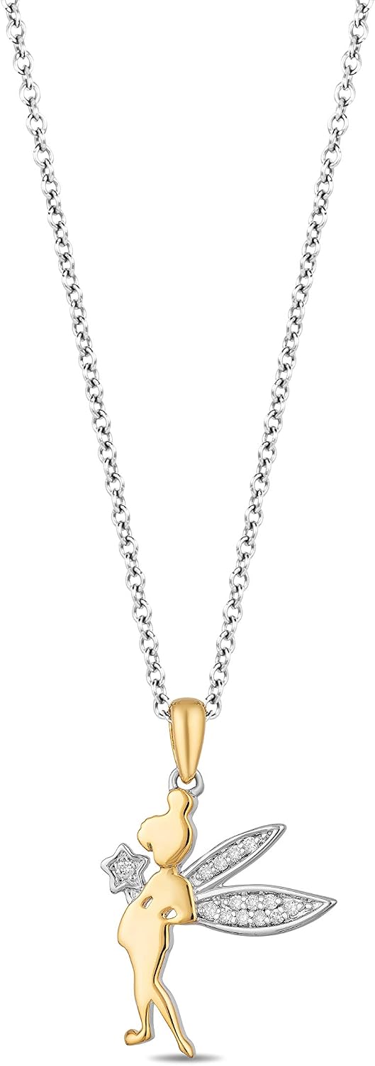 Jewelili Enchanted Disney Fine Jewelry 14K Yellow Gold Over Sterling Silver Natural White Diamond Accent Tinker Bell Pendant Necklace 18" Cable Chain