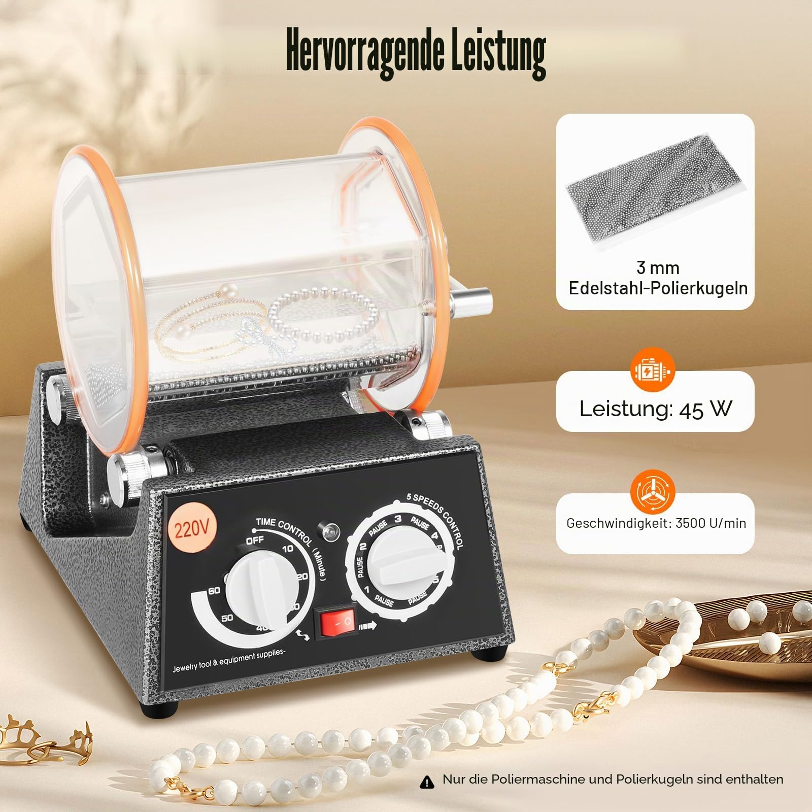 Poliermaschine für Schmuck, 3 kg Kapazität, 45W, 3500 U/min, 5 Geschwindigkeitsstufen, 10-60 Minuten Timer, Edelstahl-Polierkugeln, 220V