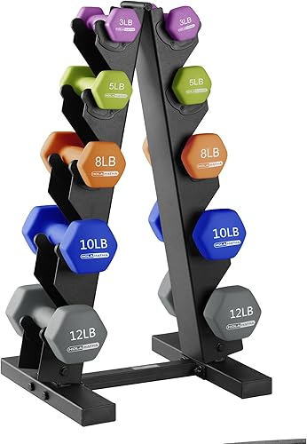 Miniatura 17 de HolaHatha Juego de pesas de mano de neopreno de 2, 3, 5, 8 y 10 libras con soporte, ideal para ejercicios en casa para ganar tono y definición, Azul