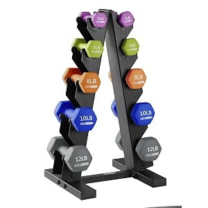 HolaHatha 2 3 5 8 and 10 Pound Neoprene Dumbbell Free Hand Weight Set with Rack Ideal for