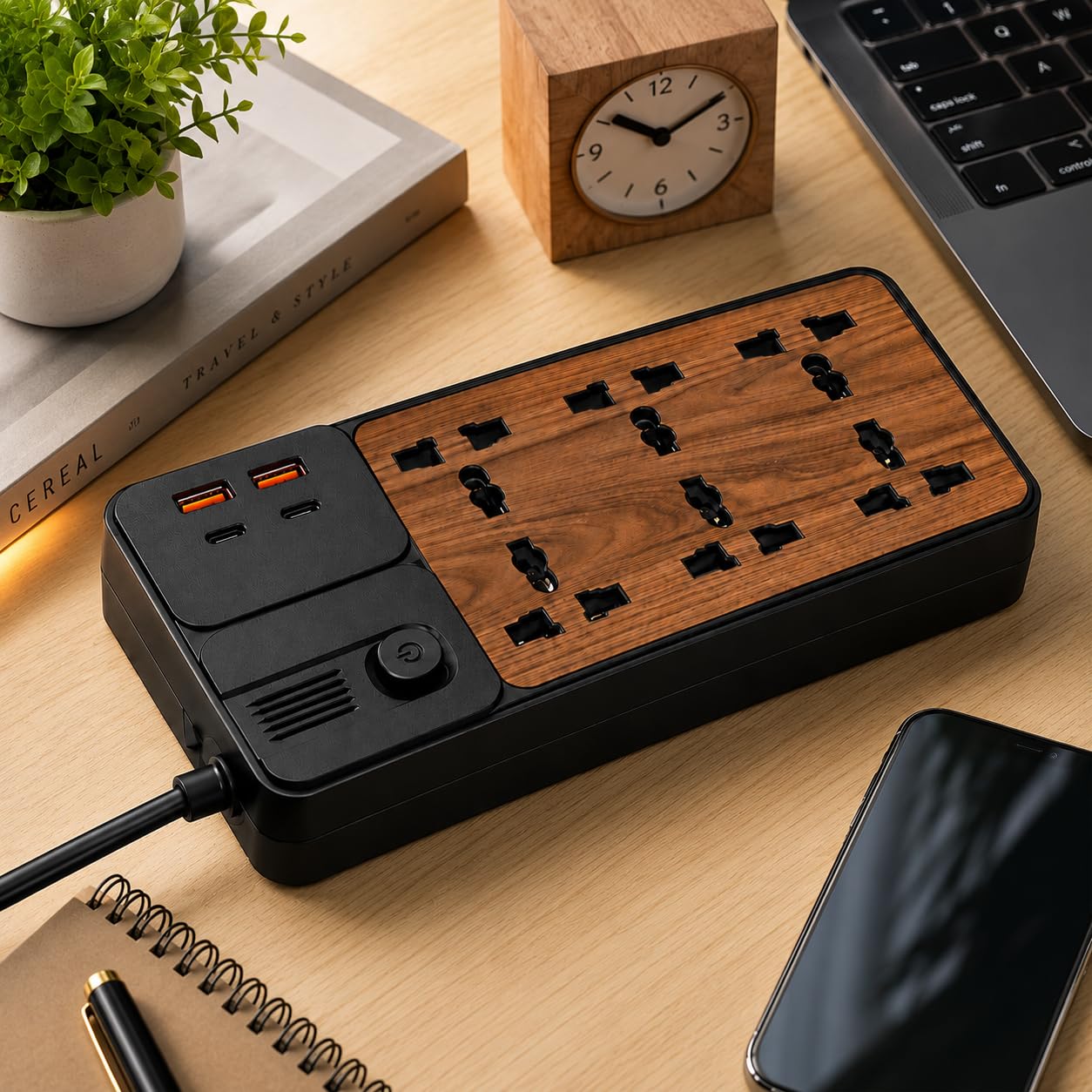 Premium 8 Socket Universal Extension Board with 2 USB-A & 2 USB-C Fast Charging Ports, Individual Power Switch, Office & Gaming Setup (Wood Finish, Black)-image-10