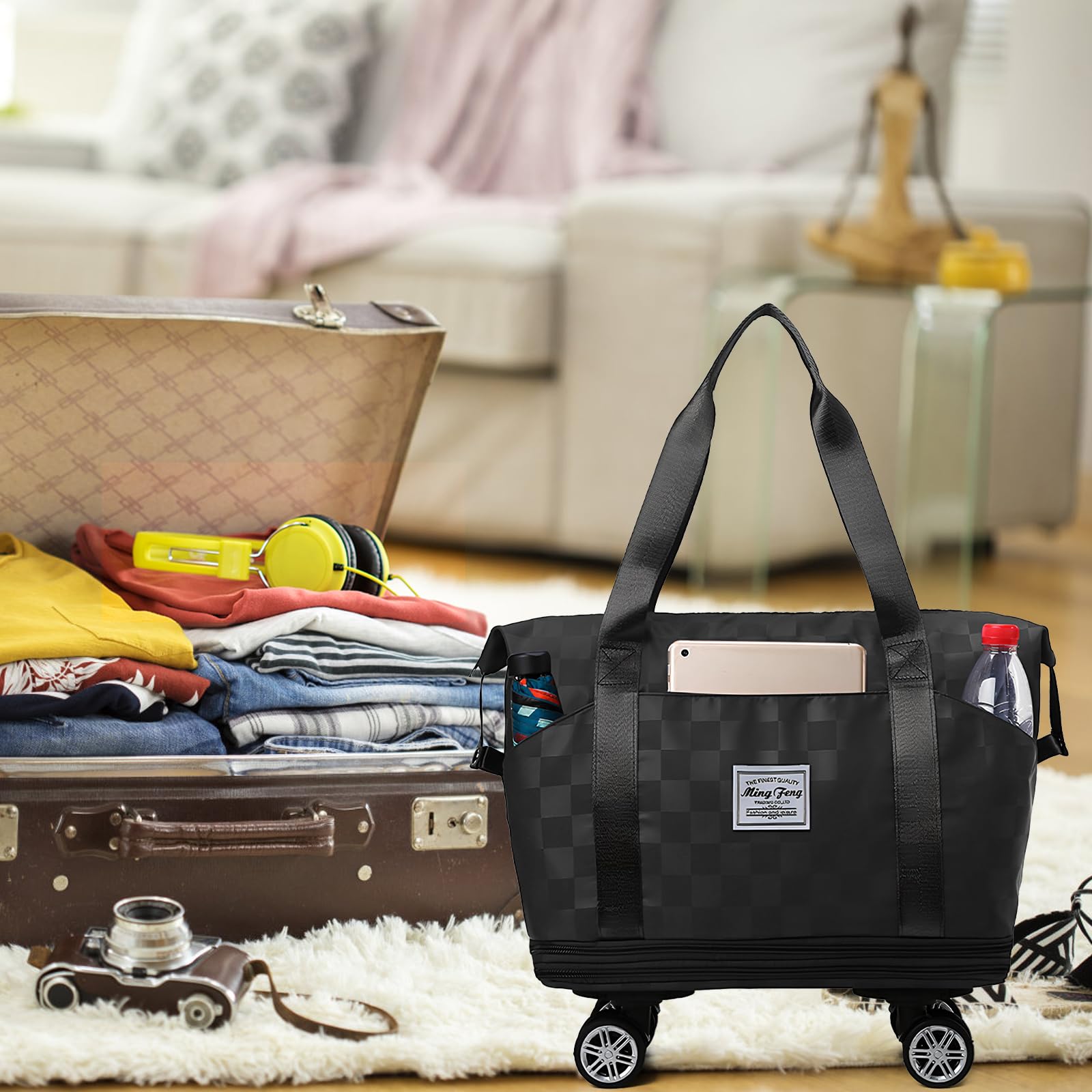 Dokeno Borsa da Viaggio Pieghevole con Ruote Rimovibili, Borsone Pieghevole Espandibile con Ruote per Viaggi, Borsa Weekender da Viaggio con Scomparto Bagnato per Sport, Fitness e Viaggi (bleu)