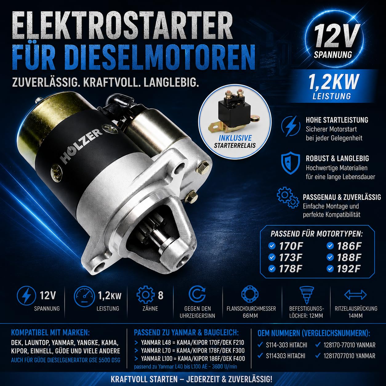 HOLZER - Avviatore elettrico, avviamento elettrico per generatore diesel, generatore di corrente
