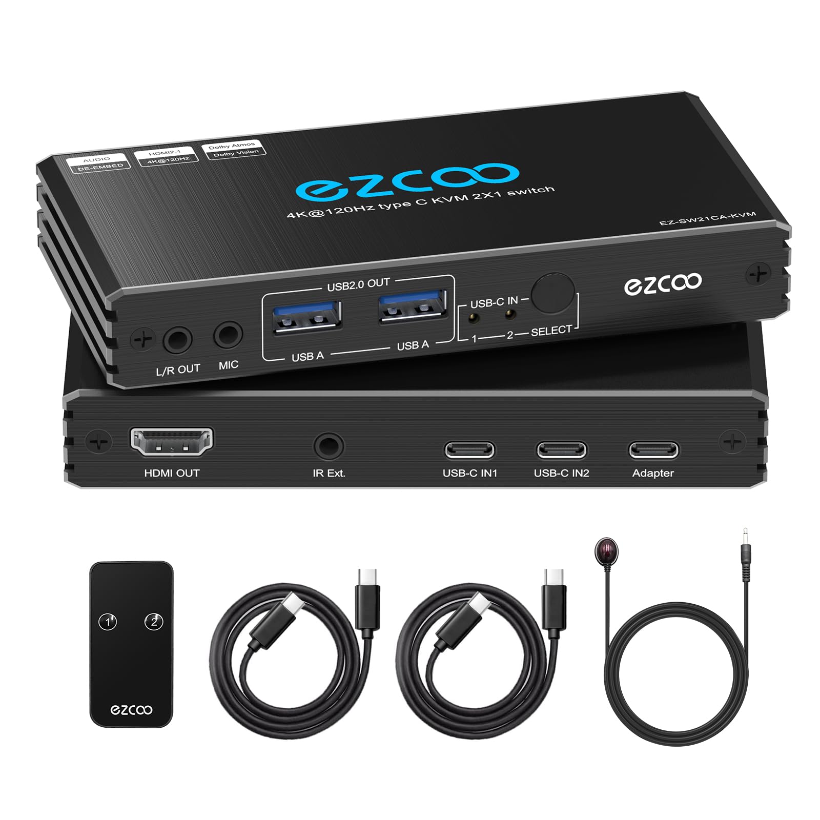 Conmutador KVM USB-C 4K @120Hz HDMI2.1 2 portátiles con 2 puertos USB 2.0 L/R MIC OUT Compartir 1 monitor, teclado, mouse, disco duro, impresora con adaptador de corriente PD100W, 2 cables tipo C