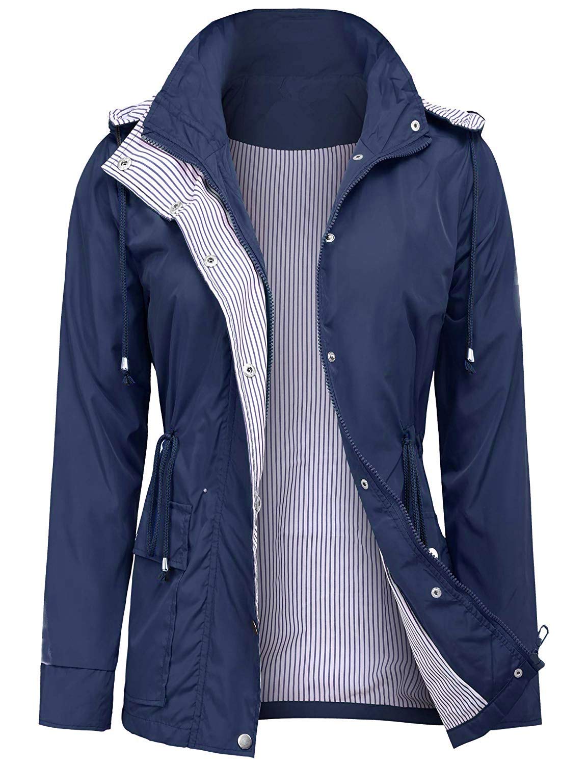 Womens' Waterproof Cool Raincoat Hooded Hiking Long Rain Jacket (Navy Blue,S)