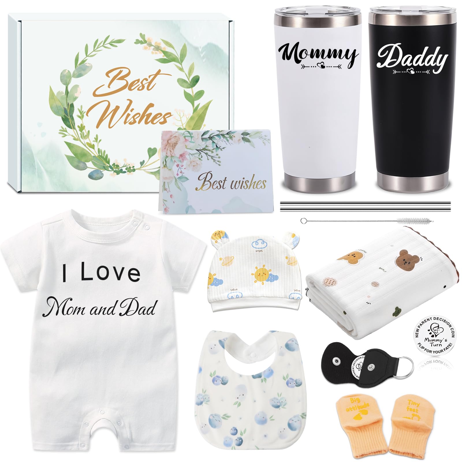 14PCS New Mom Gifts for Women, Gender Reveal Gifts, Pregnancy Gifts for New Parents Expecting Mom, Baby Shower Gifts for Mom to Be, Pregnancy Gifts with 20 OZ Mom and Dad Tumbler for First Time Moms