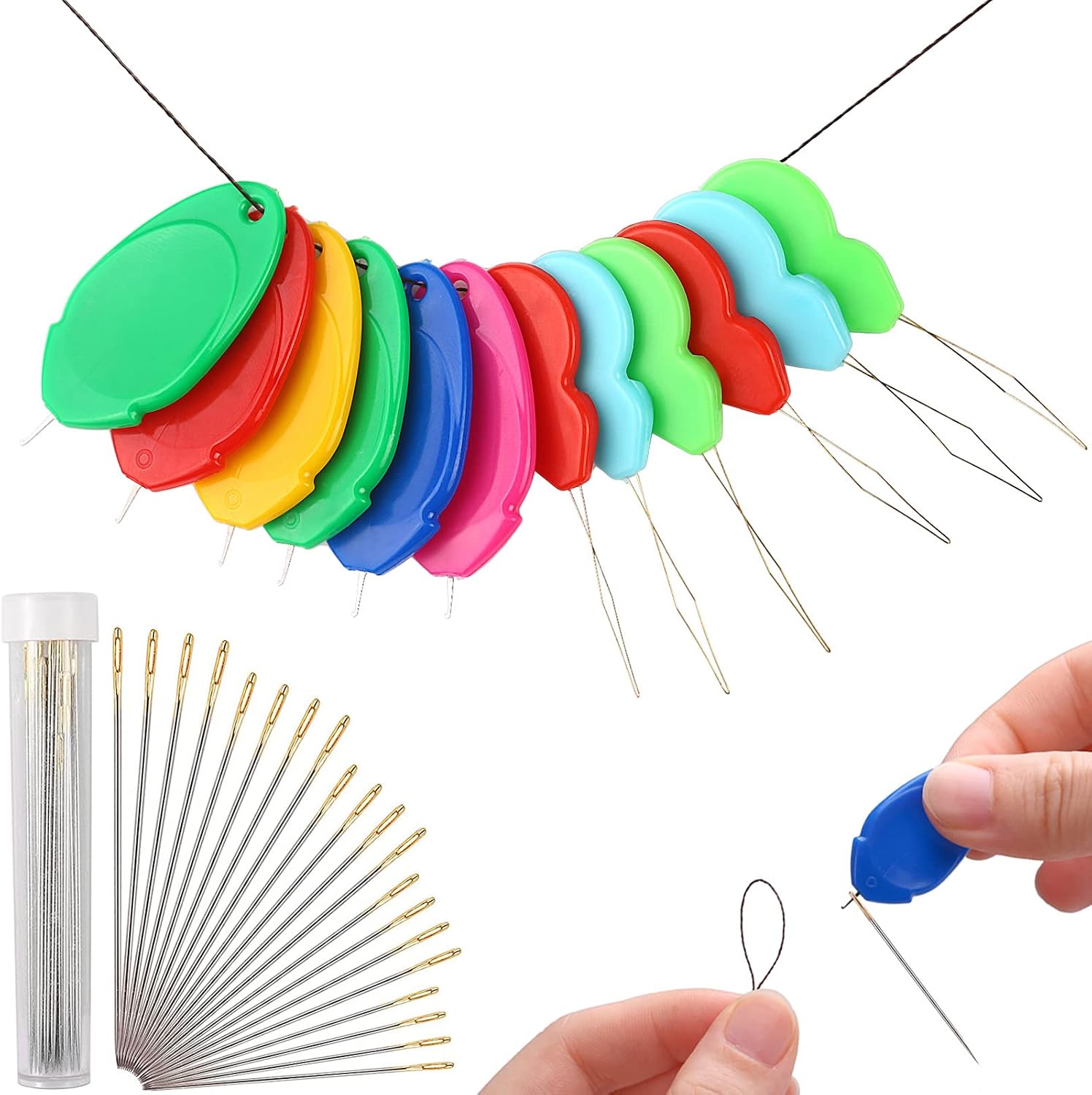 Needle Threaders for Hand Sewing with 20 Large Eye Needles for Hand Sewing, 6PCS Leaf Simple Needle Threader Tool and 6PCS Gourd Auto Needle Threader for Hand Sewing