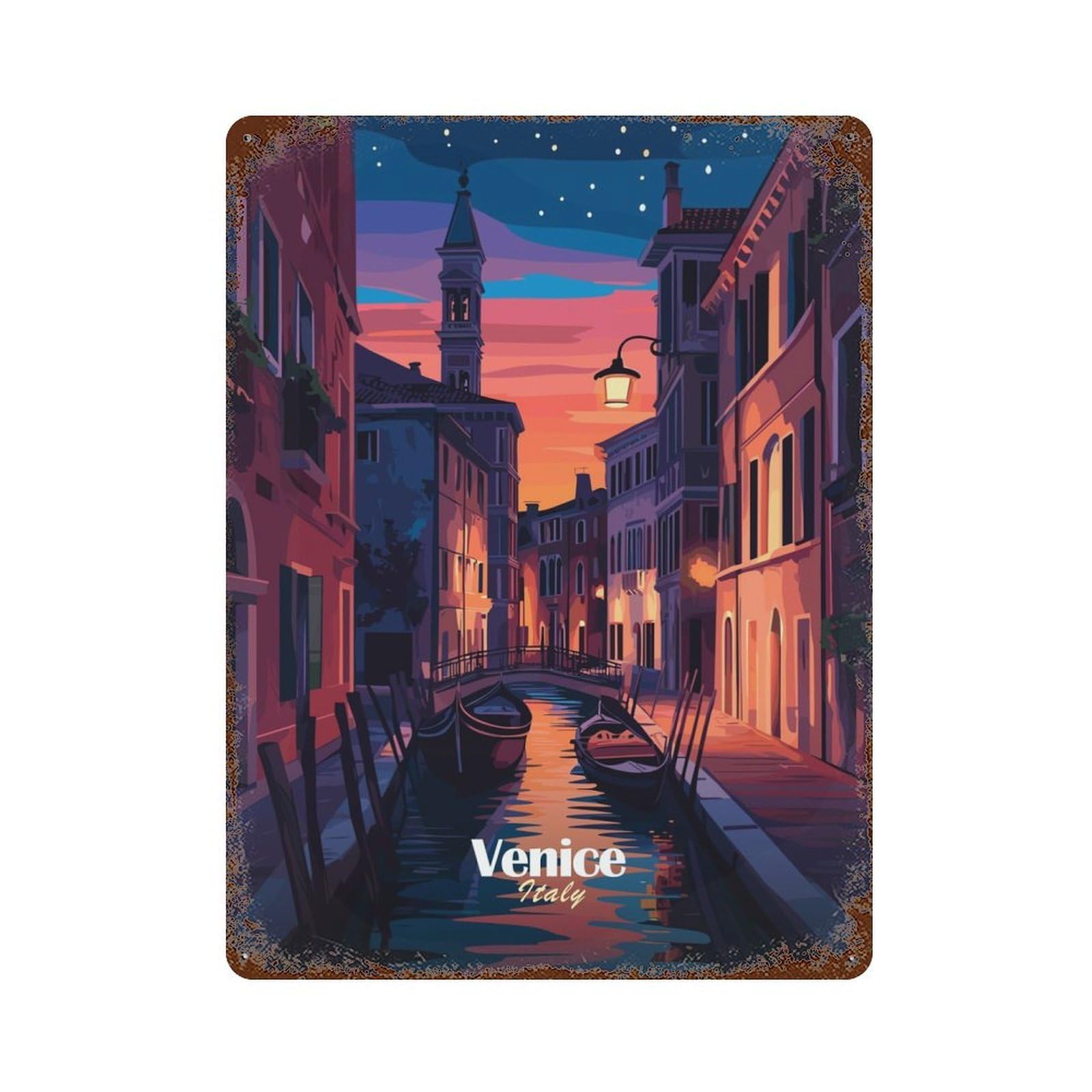 Venice Canal Night 15.7"x11.8" Vintage Rust Metal Sign, Shabby Chic Decor for Garage, Bar And Workshop Decor