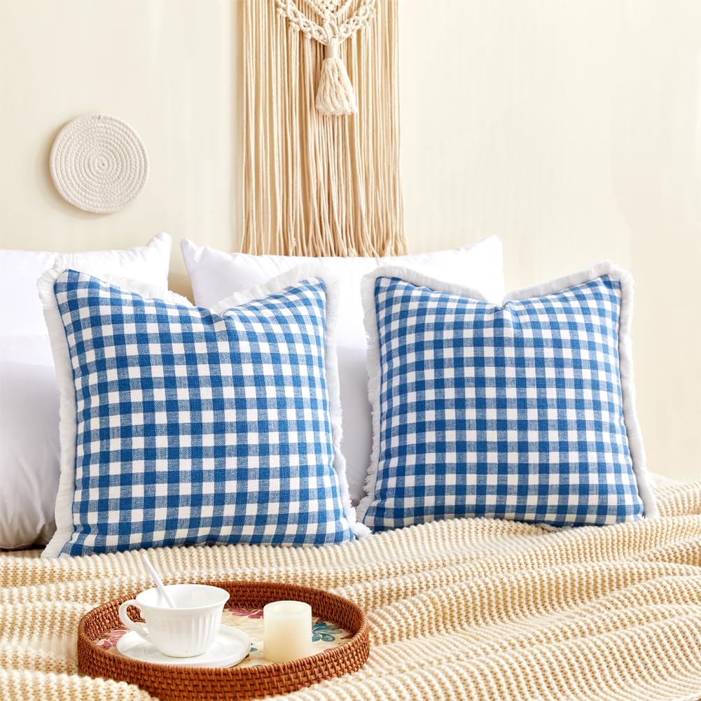 CARRIE HOME Summer Light Blue Buffalo Plaid Pillow Covers 18x18 Set of 2 Blue and White Gingham Throw