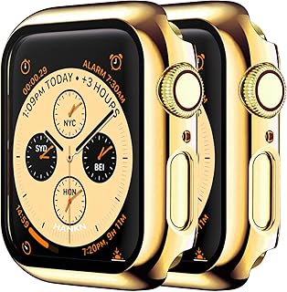 HANKN 2 Pack 44mm Case for Apple Watch Series 6 5 4 Se Tempered Glass Screen Protector 44mm Case, Plated Hard Full Coverage Cover Shockproof Iwatch Bumper (Gold+Gold, 44mm)