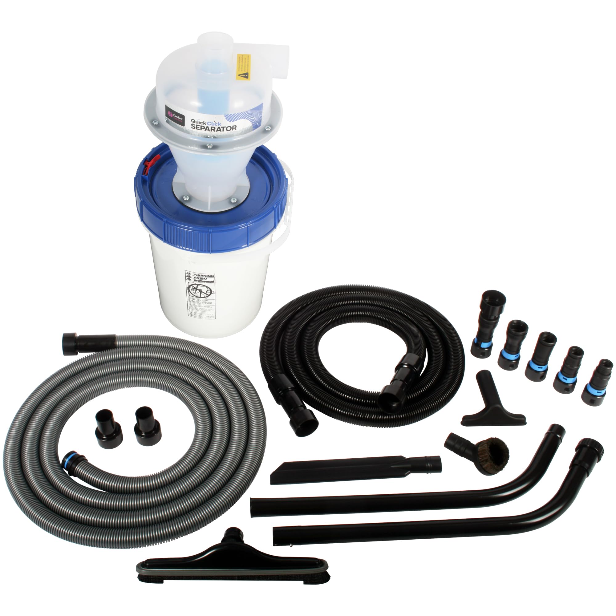 Cen-Tec Systems Assembled Quick Click Dust Separator with 5 Gallon Locking Collection Bin with Power Tool Adapter Set, 16 Ft. Hose, and Vacuum Tools