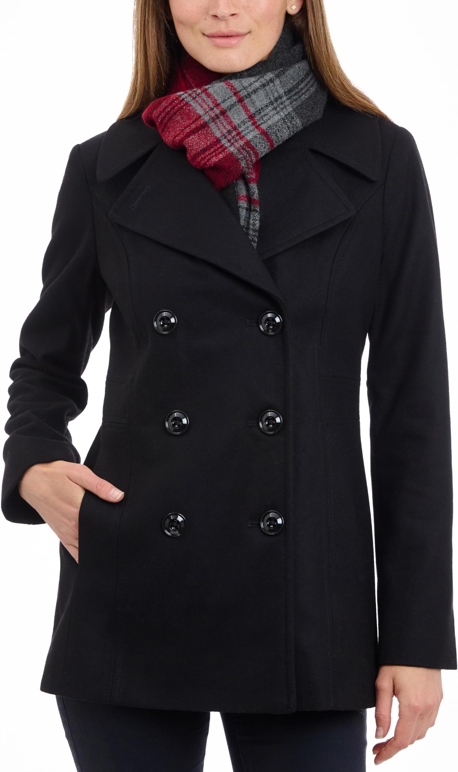 LONDON FOG Women's Plus-Size Double Breasted Peacoat with Scarf