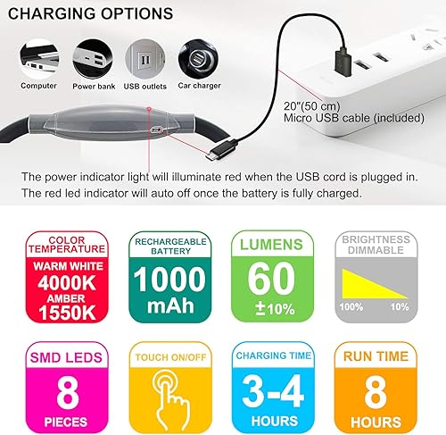 Miniatura 5 de Luz LED de lectura para el cuello, recargable 8 LED 2 modos, cabeza oscilante de brazos flexibles, luz ámbar ajustable de brillo para leer, acampar,