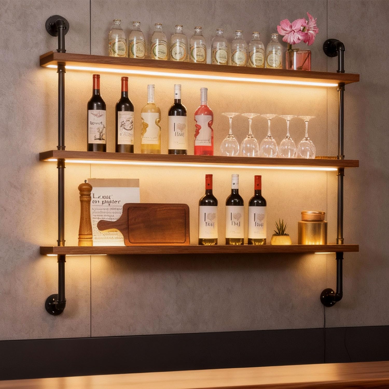 120 cm Porte-bouteilles De Vin Mural LED à 3 Niveaux, Étagère Murale Bar Style Industriel en Bois et Métal avec Éclairage LED, Casier a Vin Mural Porte Bouteille pour Cuisine, Salon, Bar & Restaurant