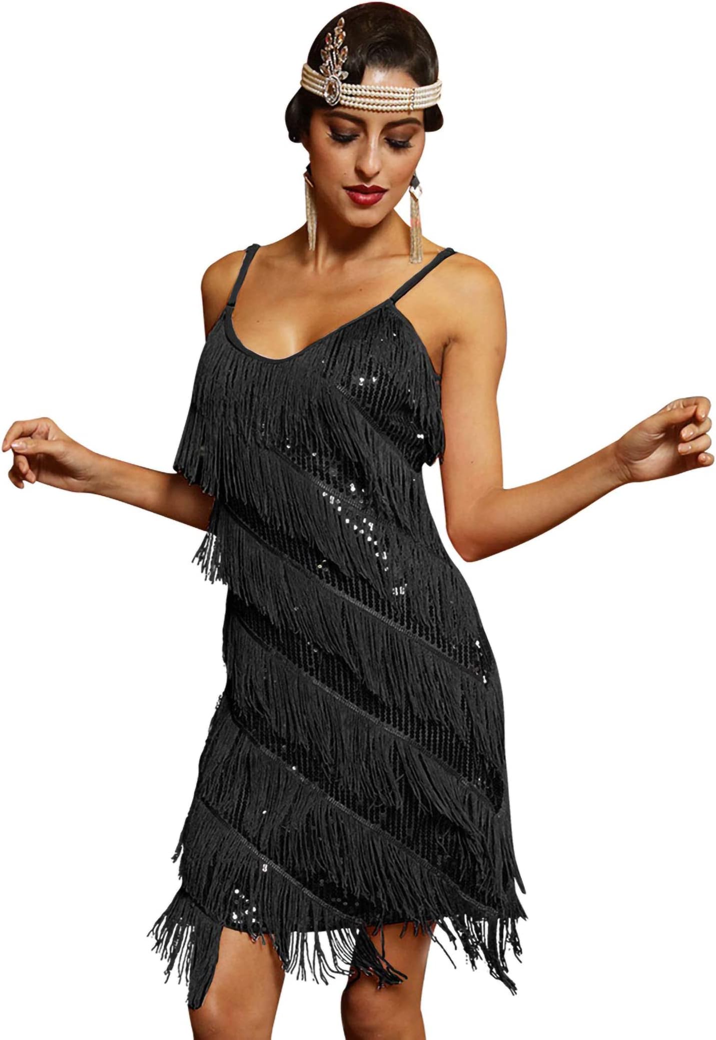 Women's Flapper Dress 1920s Sequin Tassel Latin Party Dress Ballroom Dance Costume Vintage Fringe Gatsby Dress, Black/M