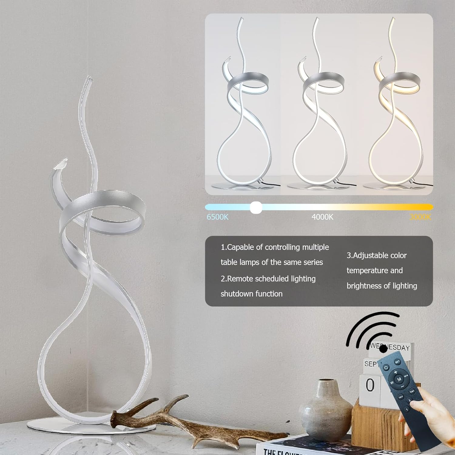 24W Modern 3Color Table Lamp with LED Spiral Design, 22“ Tall Silver Bedside Light & Nightstand Lamp, Touch Dimmable with 3 Colors & Remote Control for Bedroom, Living Room, Home Office (Silver)