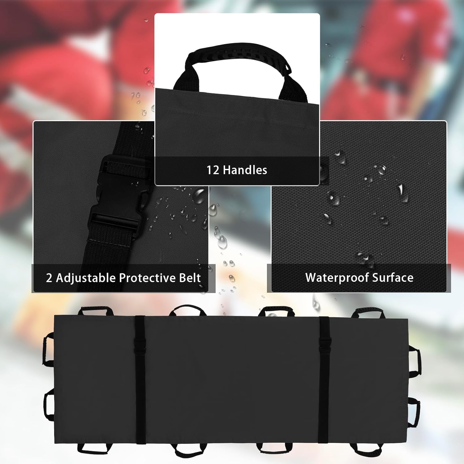 Multifunktionale Rettungstrage Tragetuch Set, Feuerwehr Rettungsdienst Krankentrage bis 159kg, Faltbare Oxford-Trage, wasserdichte Leinwand für Notfallpatiententransport Haushaltspflege,Schwarz