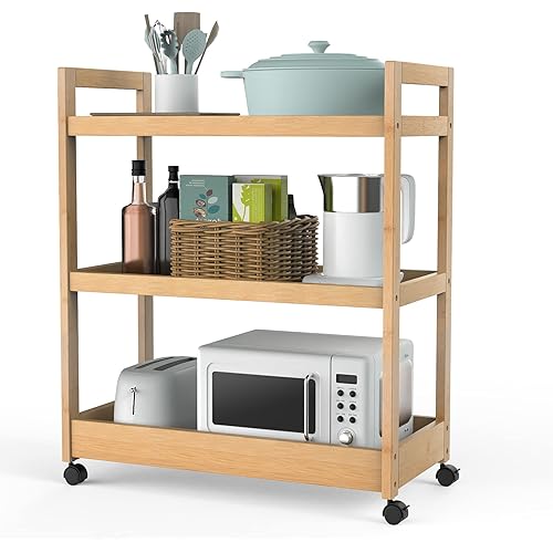 Purbambo Kitchen Storage Cart on Wheels, 3 Tier Bamboo Rolling Cart, Mobile Utility Cart for Home, Kitchen, Dining Room, Coffee Bar