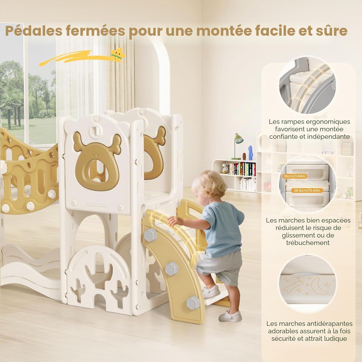 Grand toboggan pour enfant avec panier de basket-ball, cadre d'escalade pour jardin, télescope et espace pour 1 à 3 ans, extra long 1700 mm (modèle Elk Slide Active 7 en 1 (Kaki))