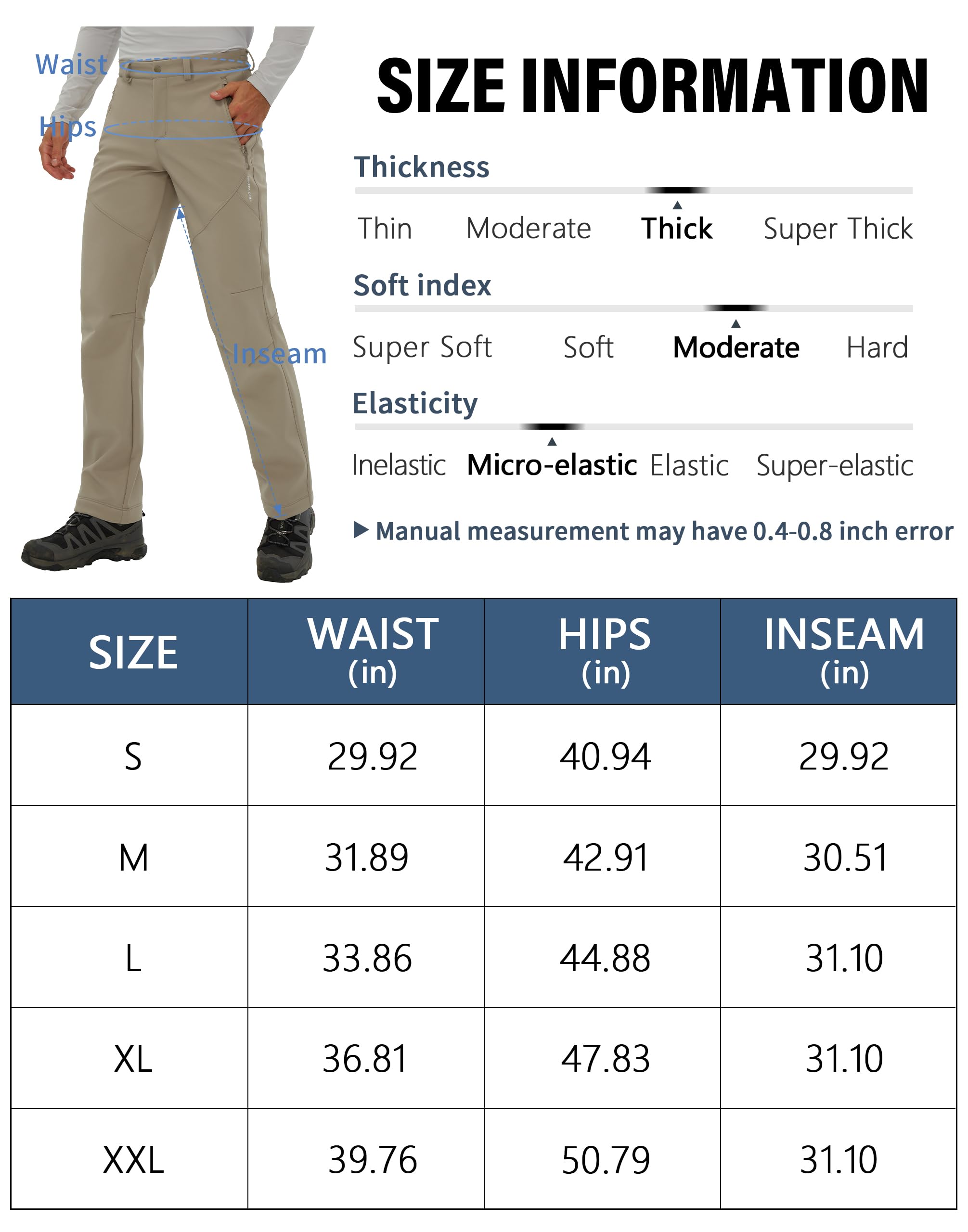 Pioneer Camp Pantalones de Senderismo con Forro Polar para Hombre, aislados, Impermeables, cálidos, Softshell, Resistentes al Viento, Pantalones de Trabajo, Caqui, Large