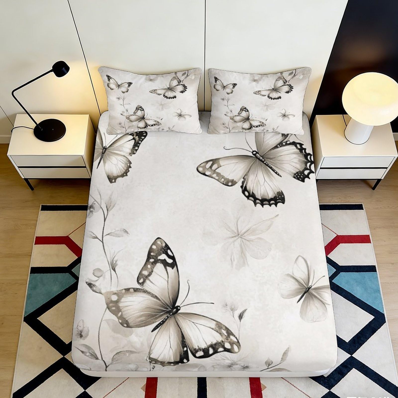 3D Printed Monochrome Butterfly Fitted Sheet Microfiber Soft Breathable Botanical Bed Cover for Bedroom Dormitory Guest Room Mattress Protection Decor 90x200x25cm