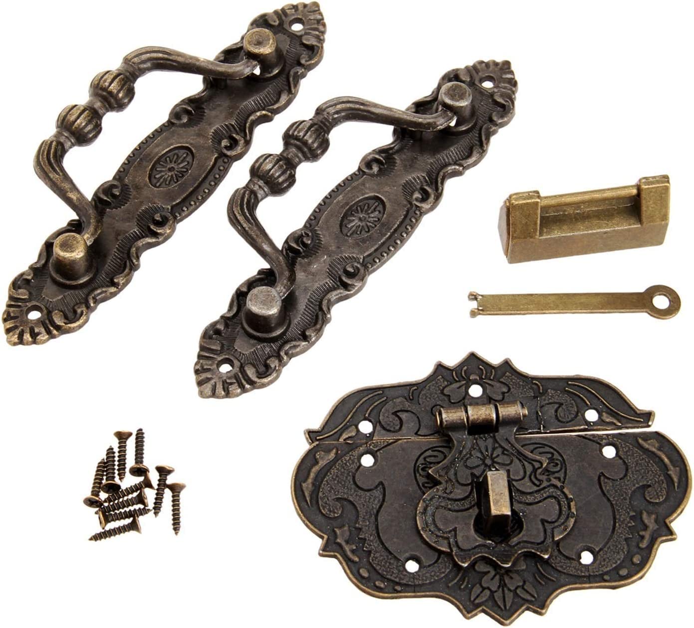 Hebilla de bloqueo segura, pestillo de ojo de gancho con hebilla de cierre retro antiguo, manija de gabinete de muebles de 2 piezas + caja de joyería de bronce de 1 pieza Cerradura antigua china + 1 h
