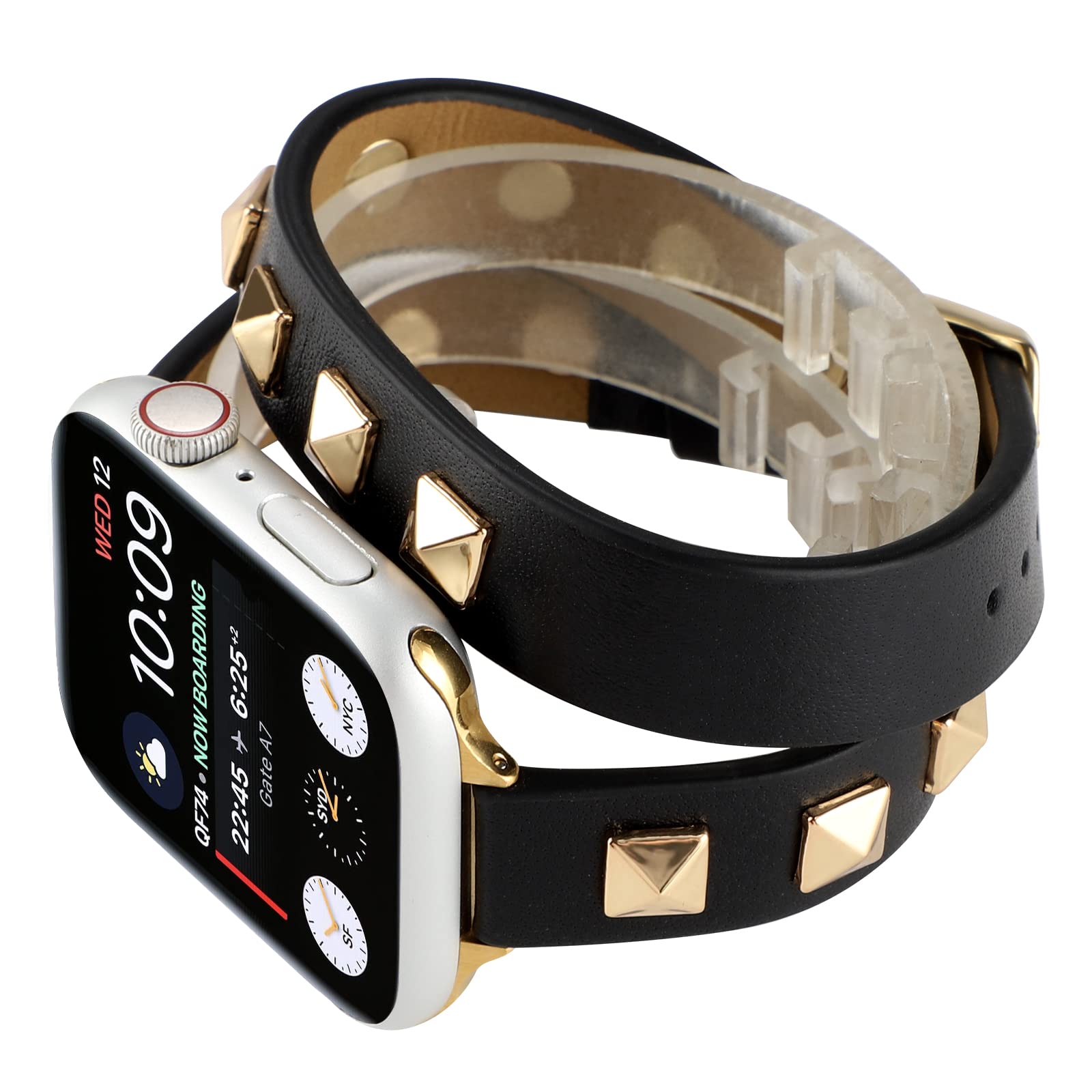Leather Double Tour Slim Strap Studded Watch Band Rivets Studs Wristband Jewelry Narrow Bracelet Compatible with Apple Watch 38mm 40mm 41mm Series 8 7 6 SE 5 4 3 2 1, Black/Gold