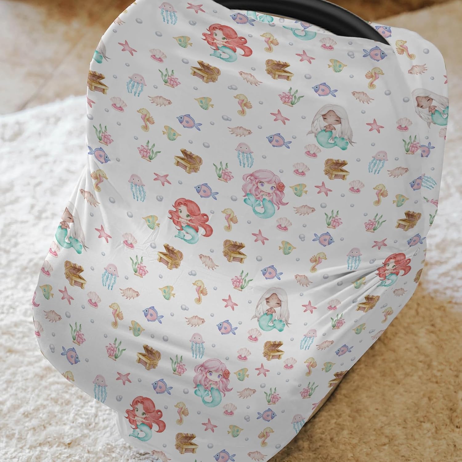 Cute Mermaids Car Seat Cover for Babies Mystical Mermaids Fishes Sea Horse Jellyfish Stretchy 5-in-1 Cover Adjustable Infant Carseat Cover Canopy Ocean Animals Breathable Nursing Cover-Up
