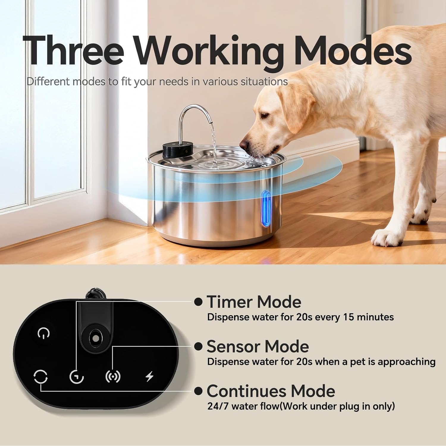 Cordless Dog Water Fountain,12L/3.2 Gal Battery Operated Automatic Pet Water Dispenser with Infrared Sensor, Stainless Steel Water Bowl for Large Dogs & Multi-Pets, 3 Modes(3 Filters)